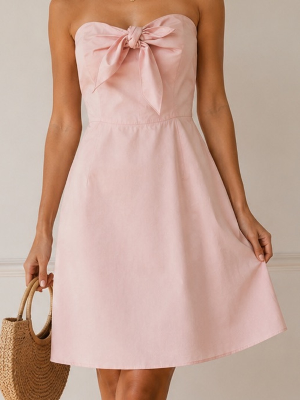 Jennifer Scott Strapless Bow Front Dress in Soft Pink